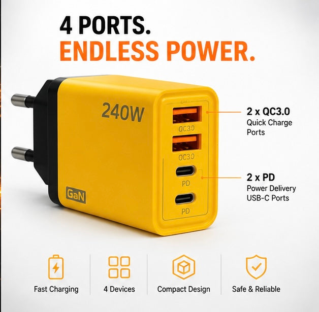 ⚡ 240W GaN 4-Port Fast Charger