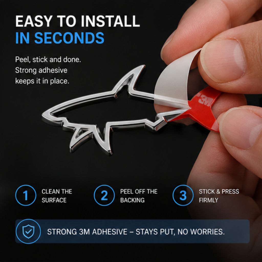 3D Metal Shark Car Sticker – Premium Chrome Car Emblem Badge