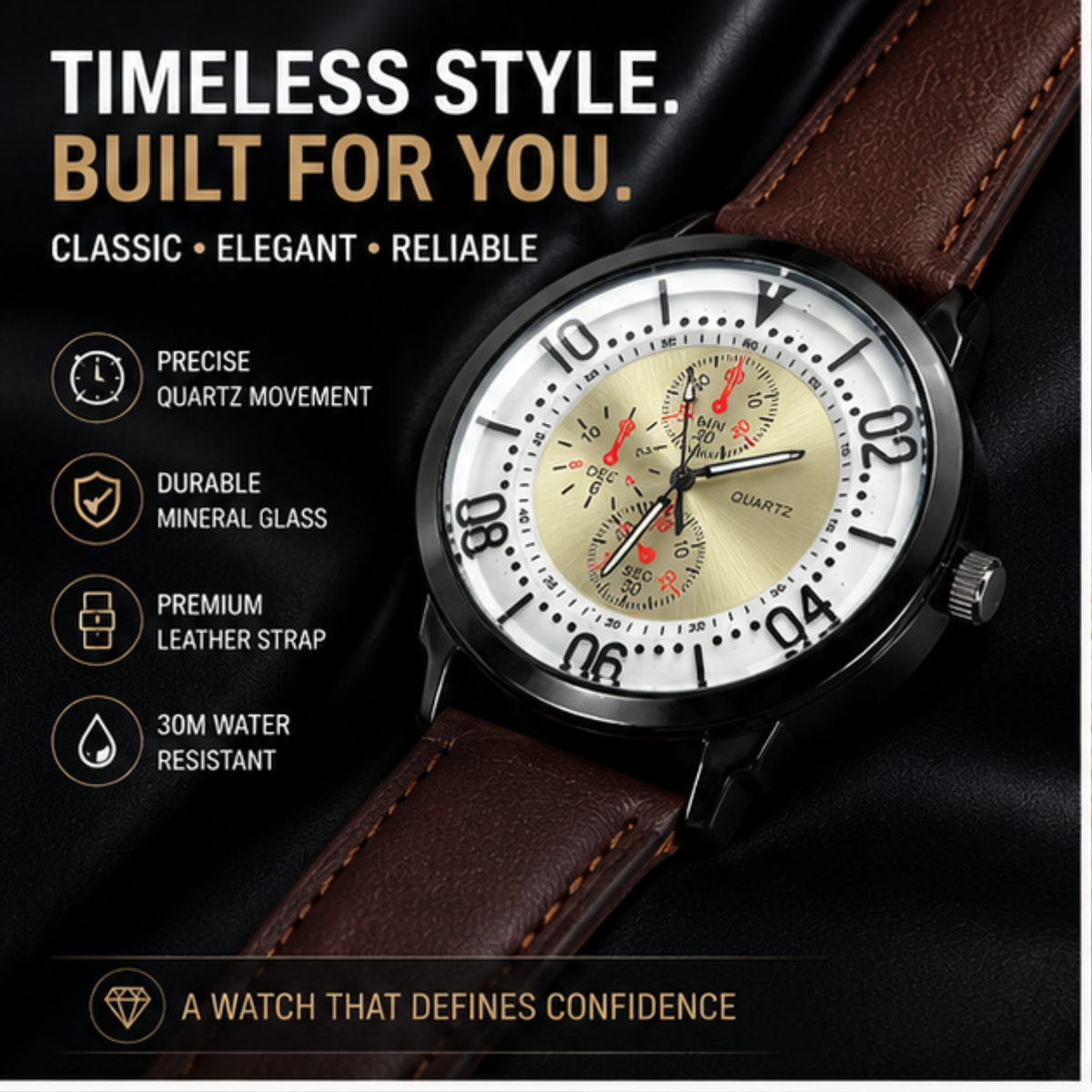 Classic Men’s Quartz Watch – Leather Strap Luxury Wristwatch