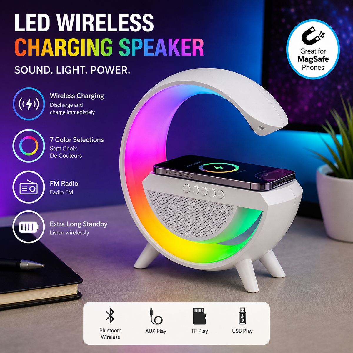 3-in-1 LED Wireless Charging Bluetooth Speaker