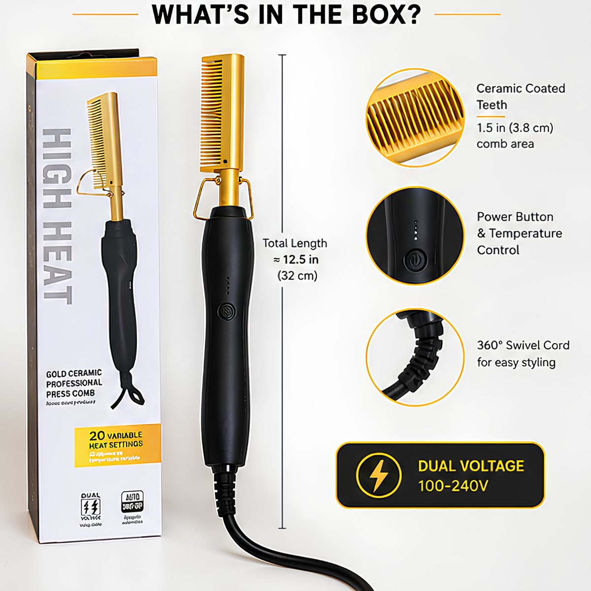 Gold Ceramic Professional Press Comb – 20 Heat Settings, 450°F