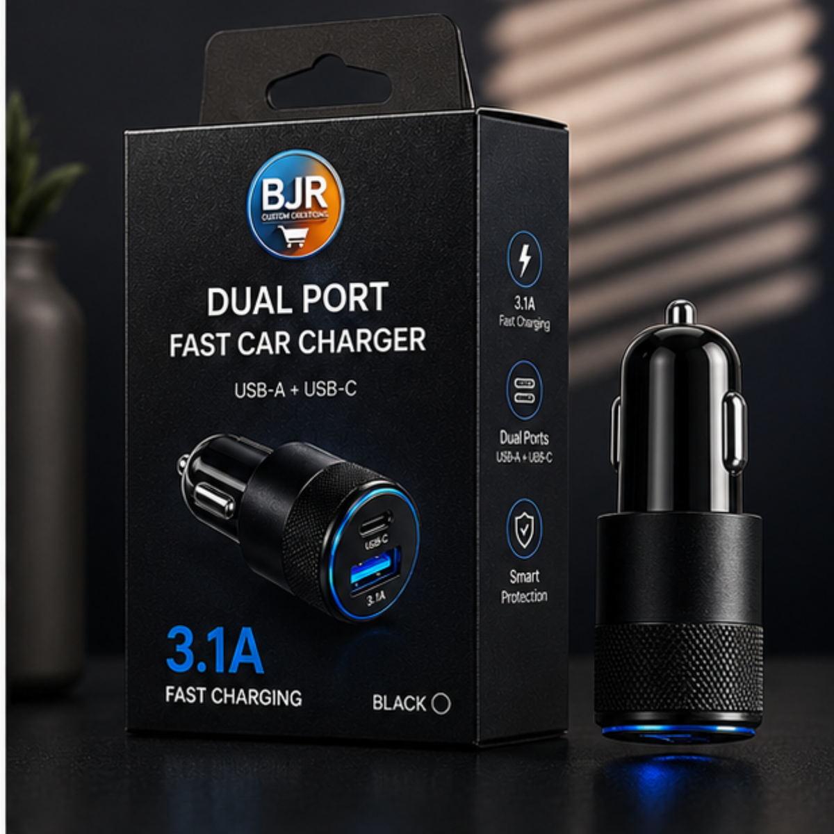 BJR Dual-Port Fast Car Charger – USB-C & USB-A 3.1A Fast Charging Adapter