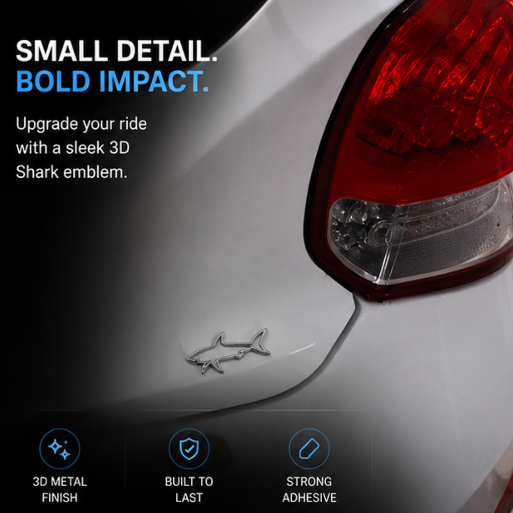 3D Metal Shark Car Sticker – Premium Chrome Car Emblem Badge
