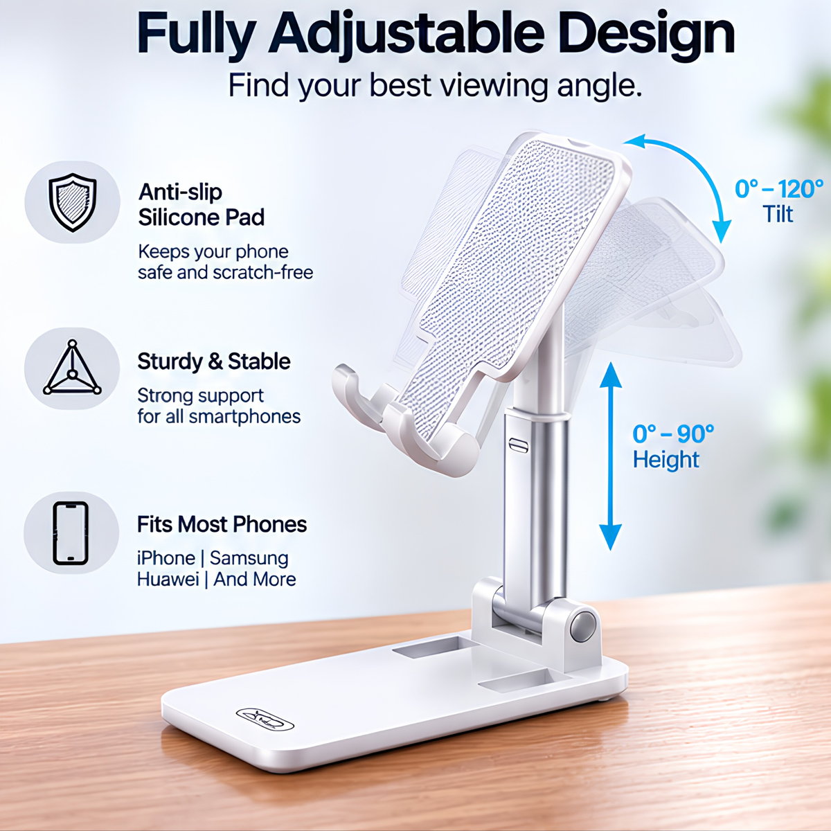 Adjustable Foldable Desk Phone Stand – Multi-Angle Smartphone Holder for Home & Office