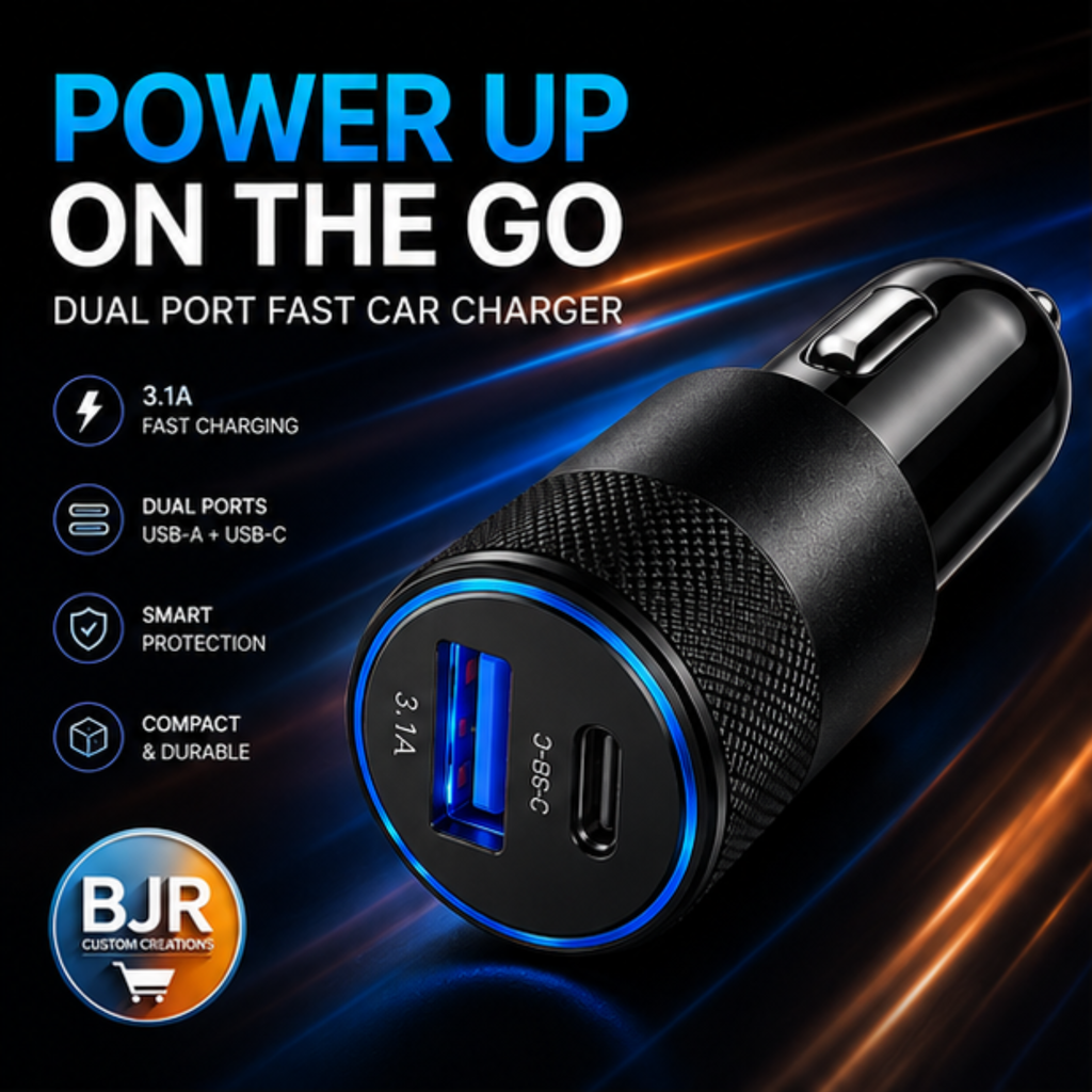 BJR Dual-Port Fast Car Charger – USB-C & USB-A 3.1A Fast Charging Adapter