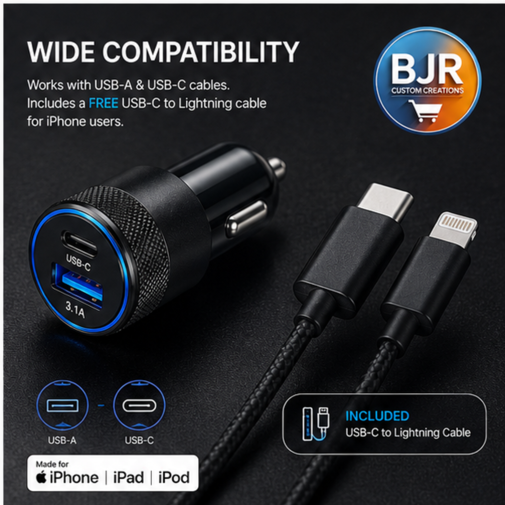 BJR Dual-Port Fast Car Charger – USB-C & USB-A 3.1A Fast Charging Adapter
