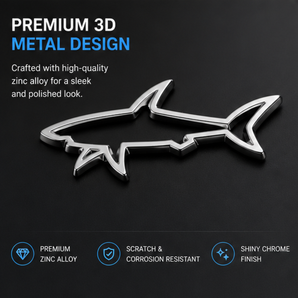 3D Metal Shark Car Sticker – Premium Chrome Car Emblem Badge