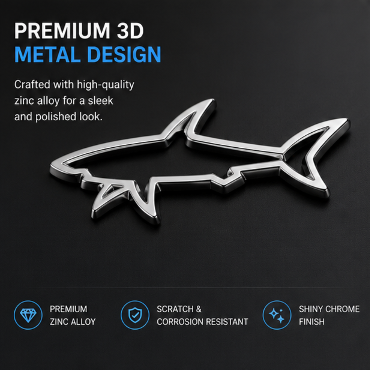 3D Metal Shark Car Sticker – Premium Chrome Car Emblem Badge