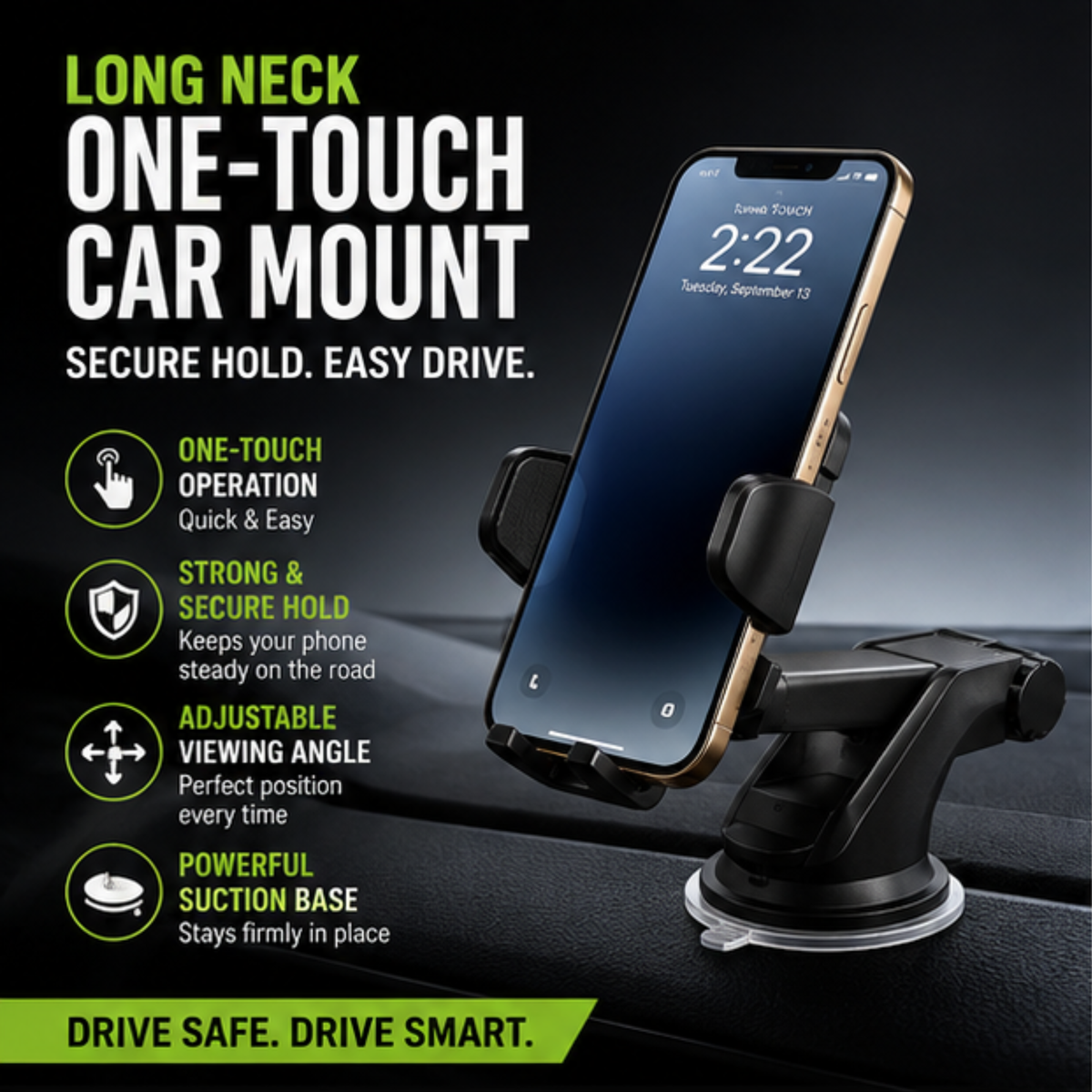 Long Neck One-Touch Car Phone Mount