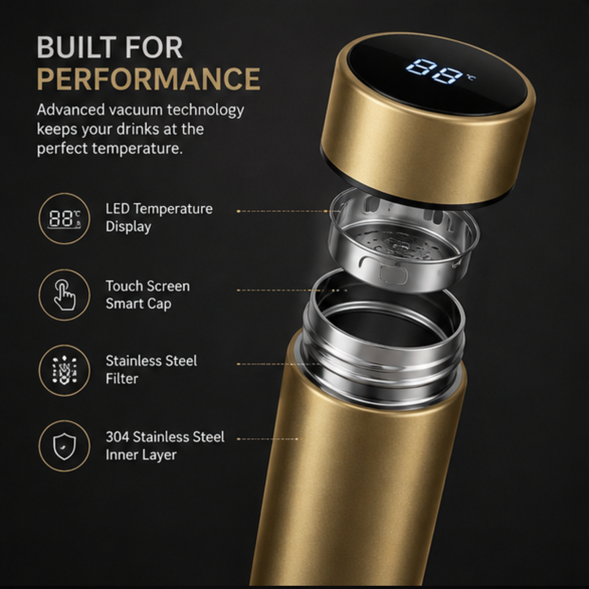 Premium Gold Stainless Steel Thermal Bottle – Smart Temperature Display