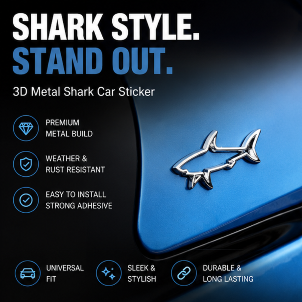 3D Metal Shark Car Sticker – Premium Chrome Car Emblem Badge
