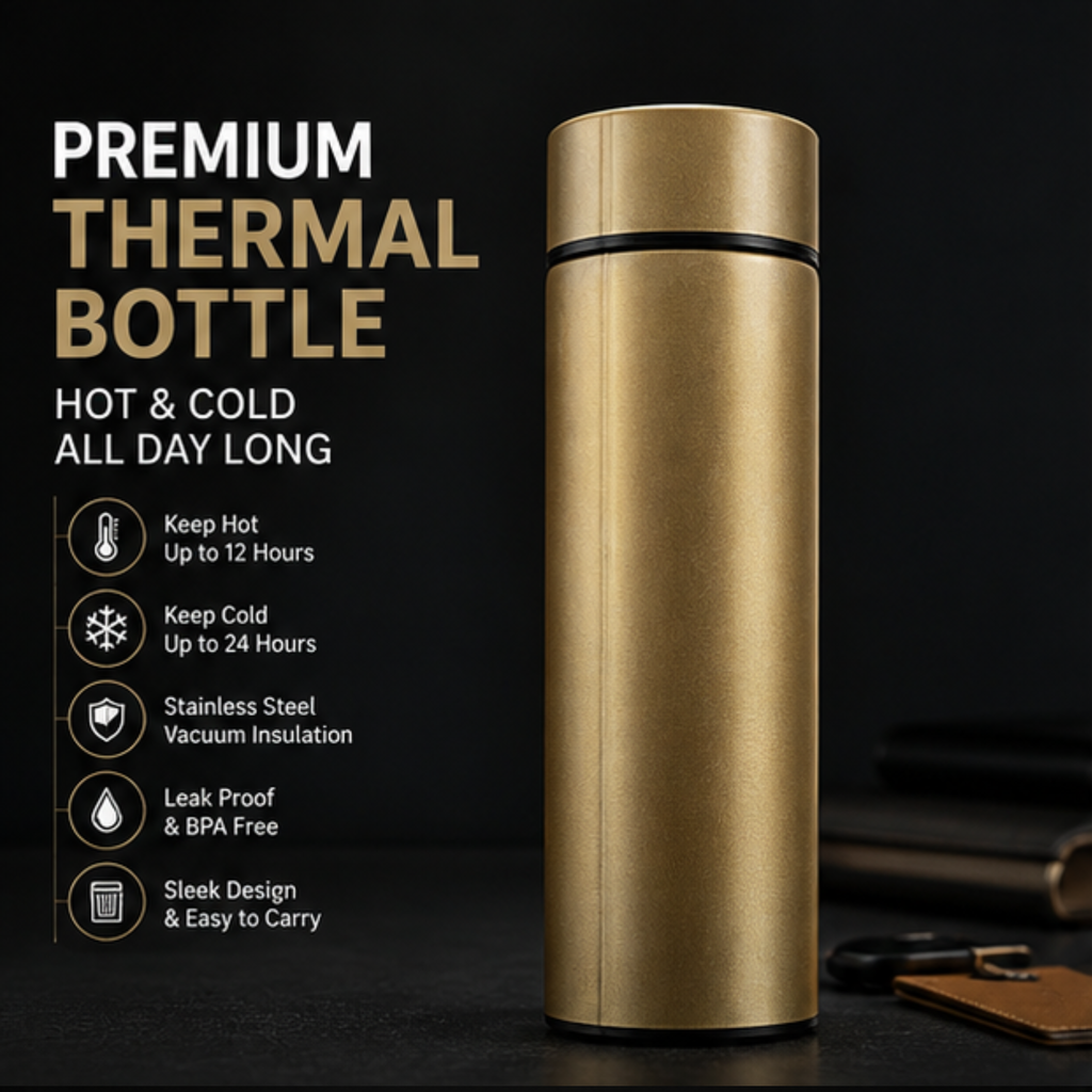 Premium Gold Stainless Steel Thermal Bottle – Smart Temperature Display
