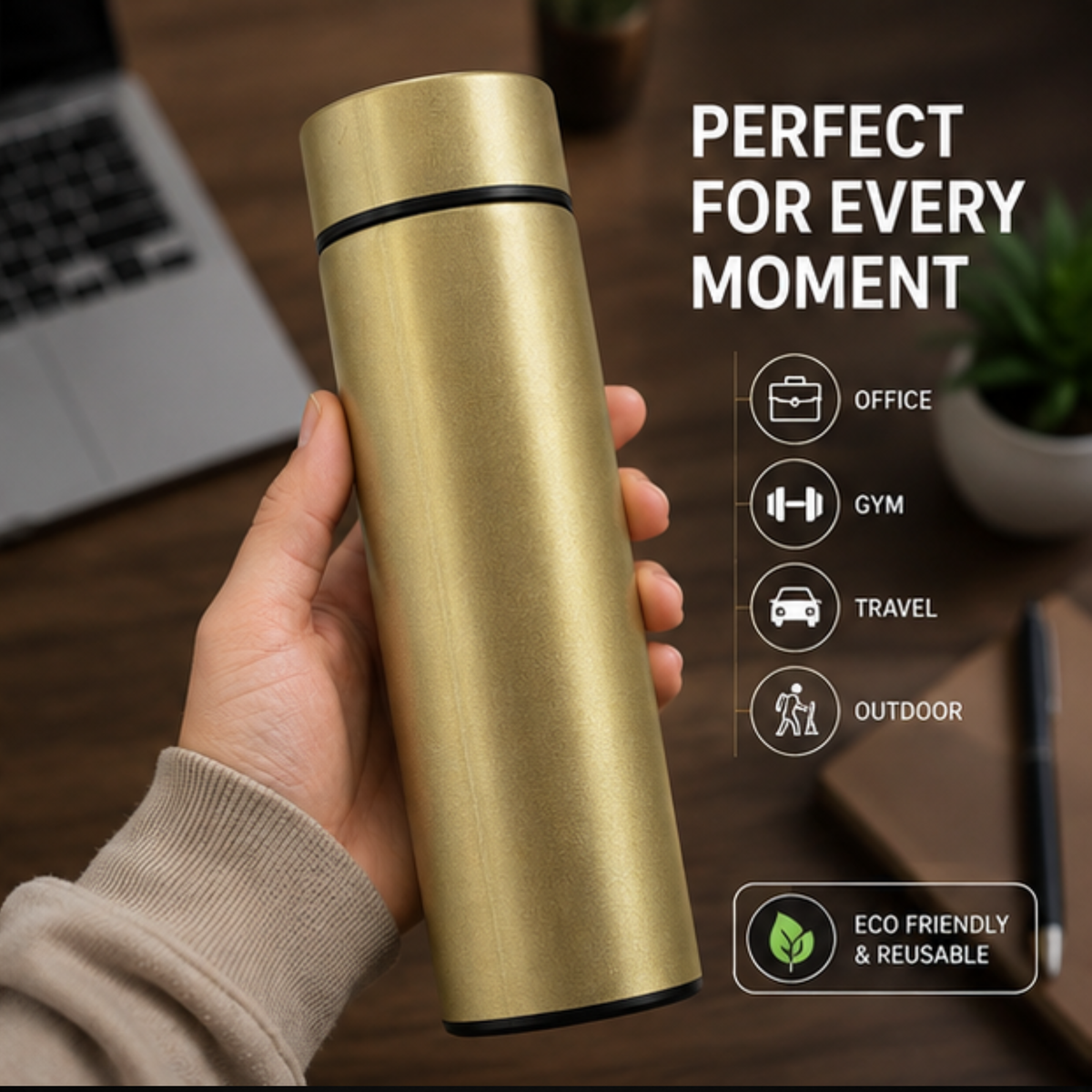Premium Gold Stainless Steel Thermal Bottle – Smart Temperature Display