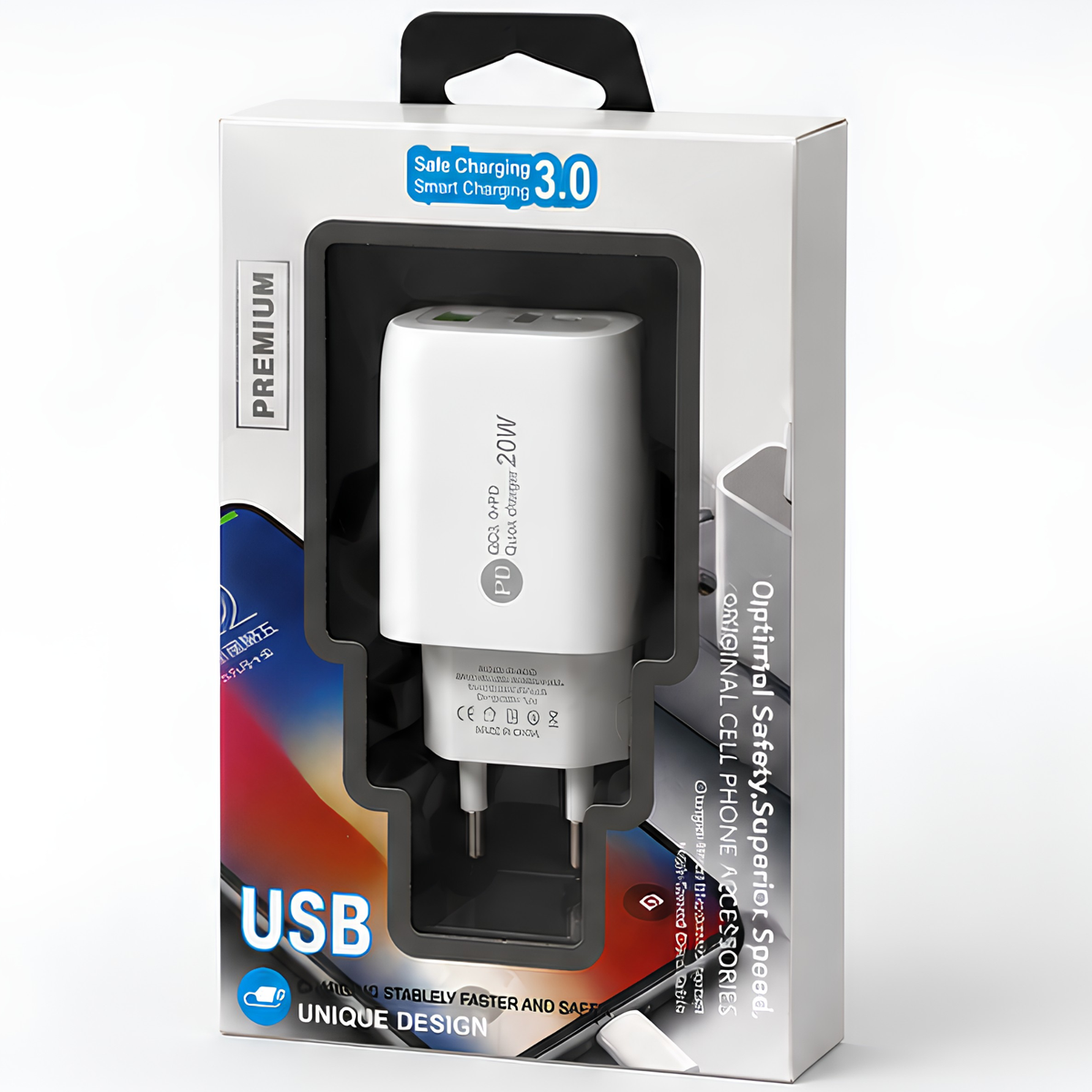 20W Fast Charger Adapter – USB-A & USB-C PD Quick Charge 3.0 Wall Charger
