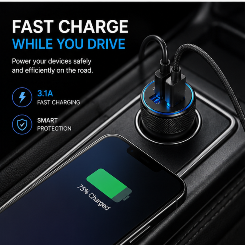 BJR Dual-Port Fast Car Charger – USB-C & USB-A 3.1A Fast Charging Adapter