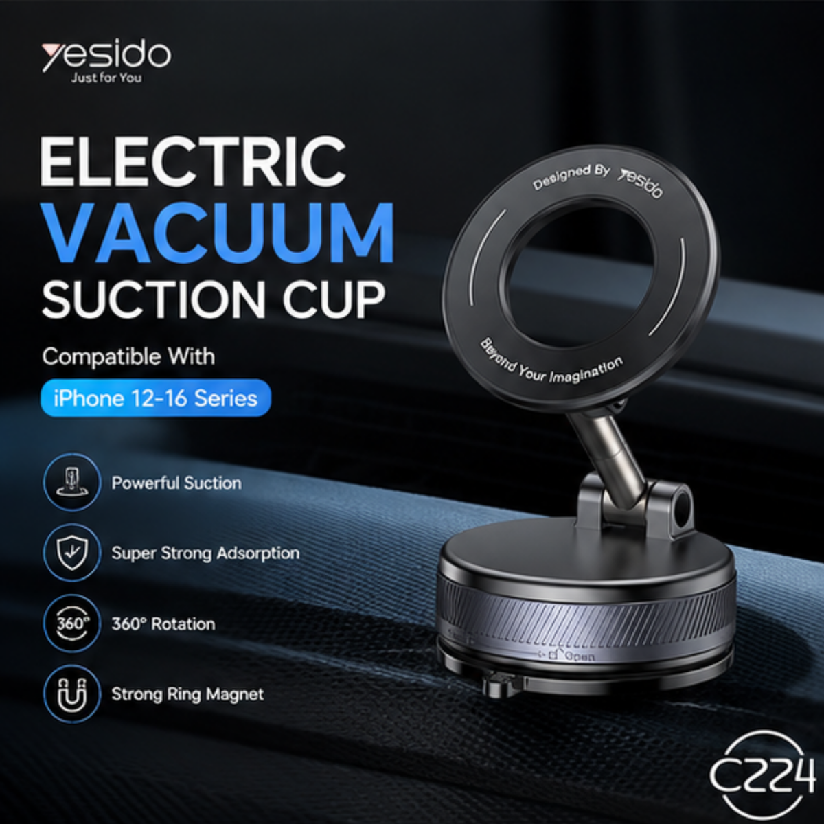 MagSafe iPhone Vacuum Suction Car Mount – 360° Rotating